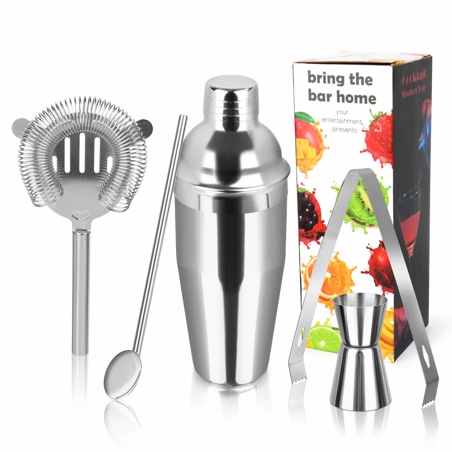 750 ML Shaker, 5 Pezzi Shaker Cocktail Set Kit da Barman in Acciaio Inox, Professionale Barman Set, con Colino, Jigger, Cucchiaio, per Miscelare Bevande, Casa, Bar, Feste (Argento)