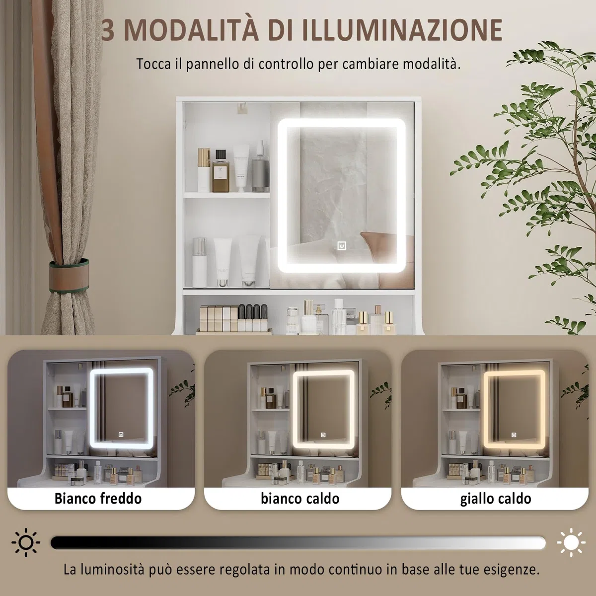 YU YUSING Toeletta Trucco con Luci LED e Specchio 3 Colori, Tavolo da Trucco con Sgabello, 3 Cassetti e 5 Ripiani, Postazione 60cm Vanity Desk for Makeup, Camera da Letto Soggiorno, Moderno, Bianco