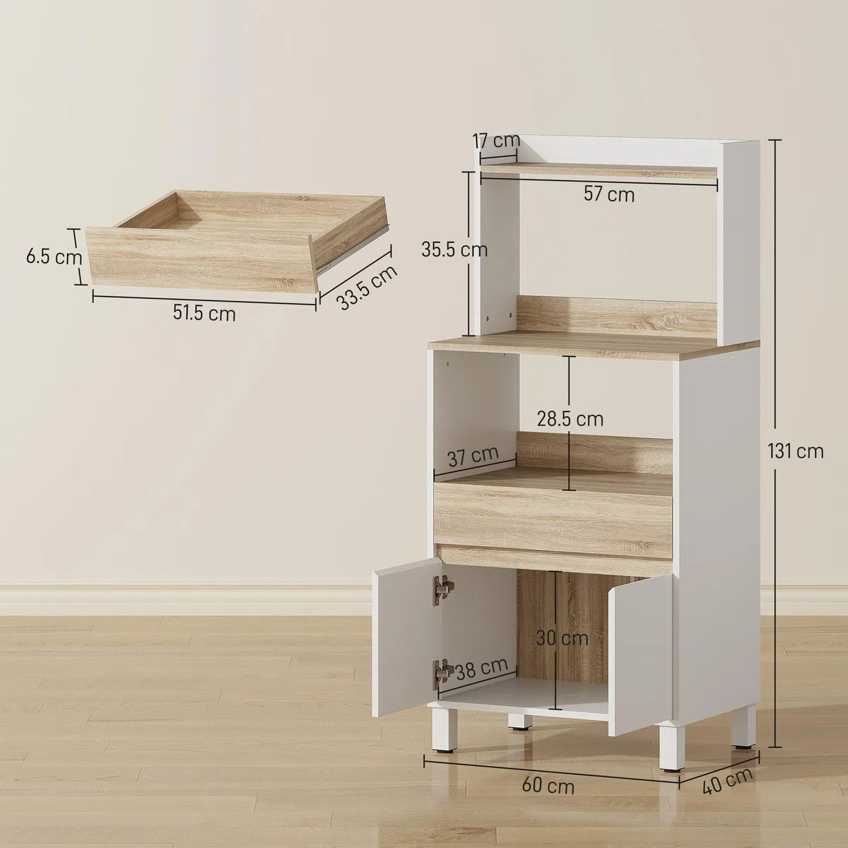 HOMCOM Mobile Microonde con Armadietto a 2 Ante Soft Close, Credenza Cucina Microonde con Cassetto, Piano per Elettrodomestici, Scaffale Superiore, Ripiano Aperto, per Soggiorno, 60x40x131cm, Bianco