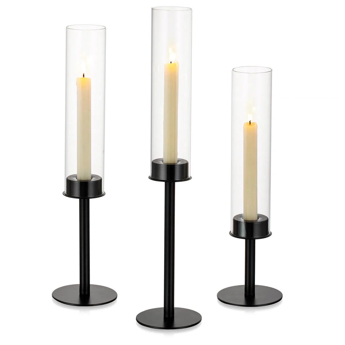 Nuptio Portavelas Huracan Nero: Portavelas de Metal de Cristal Transparente para Velas Cónicas Candelabro Alto Abierto Pantalla Cilíndrica Fiesta de Boda Centro de Mesa Decoración