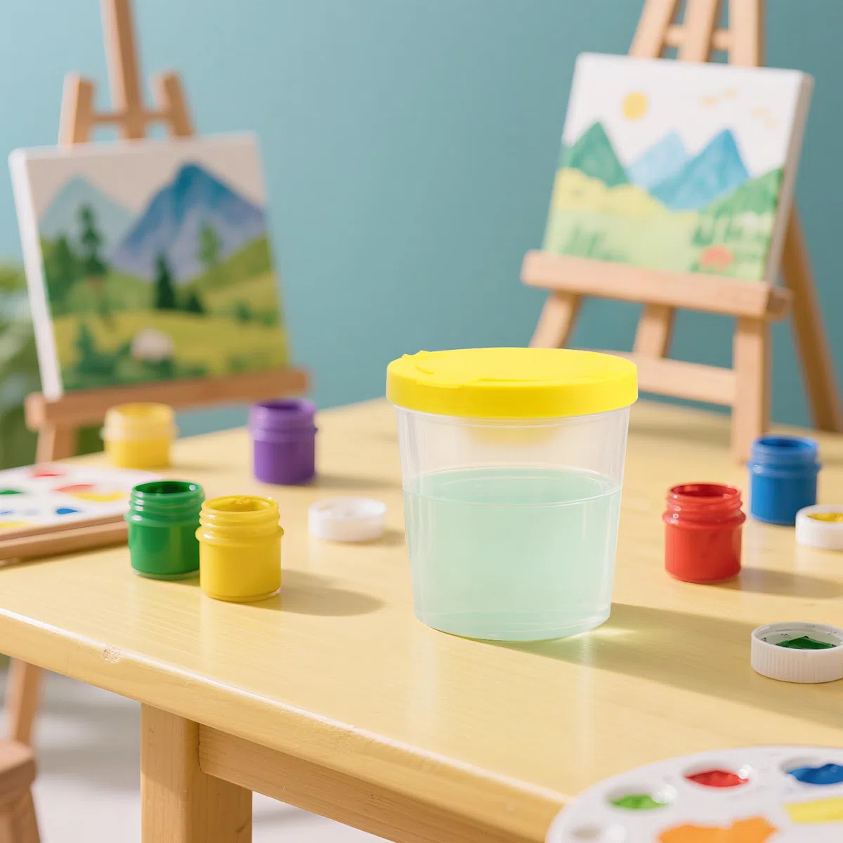 32 bicchieri colorati con coperchio, in plastica, 7 cm, con protezione anti-fuoriuscite, per pittura artistica
