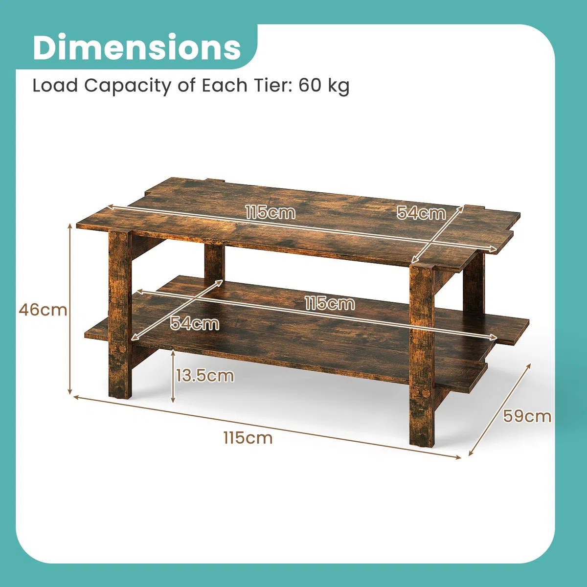 LIFEZEAL Tavolino Salotto a 2 Ripiani, in Legno, Tavolino da Caffè, da Soggiorno, Basso, Stile Industriale, Peso Max 120 kg, 115x59x46 cm, Montaggio Semplice, Marrone