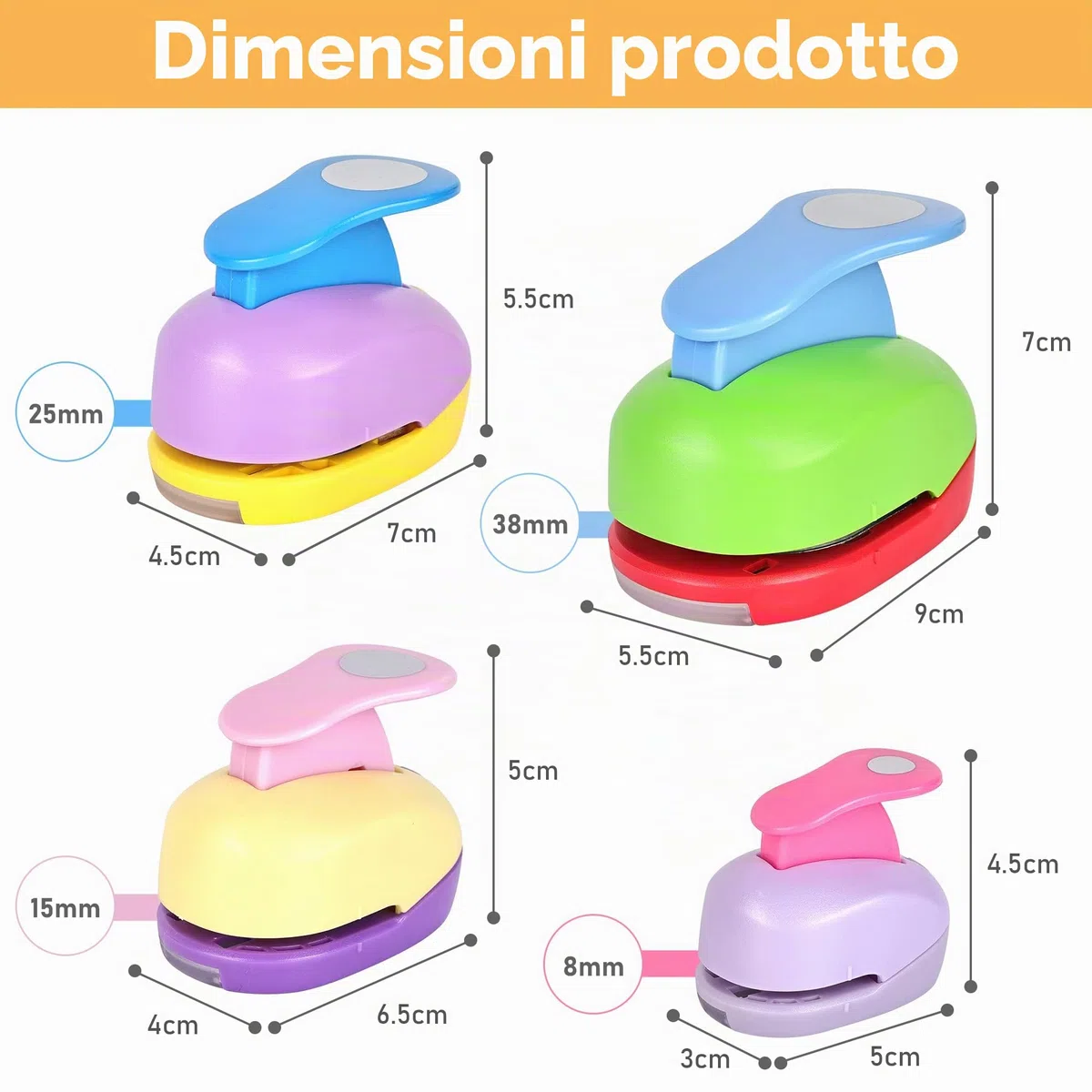 Perforatrici rotonde per bambini, 4 punzonatrici per fori, in carta, per cerchio, per fai da te, scrapbooking, album fotografici, etichette regalo (10 mm, 15 mm, 25 mm, 38 mm)