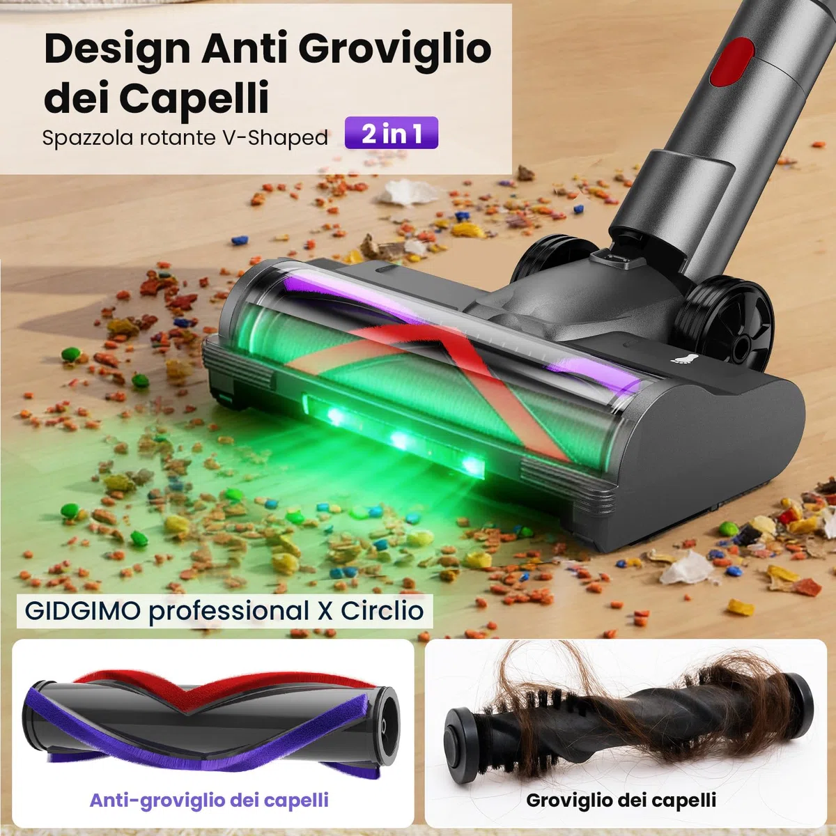 GIDGIMO professional X Circlio Aspirapolvere Senza Fili 58KPa/600W/75Min, Scopa Elettrica Senza Fili Verticale Antigroviglio con Display a LED, Ricaricabile a Parete, Per Animali/Pavimenti/Tappeti