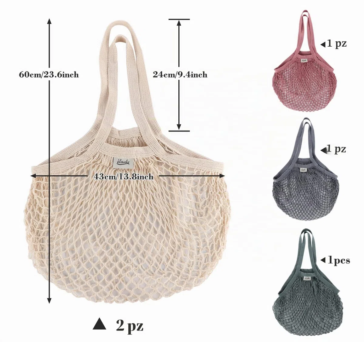 ilauke - Sacchetti in rete riutilizzabili per la spesa, in cotone, con manico lungo, per frutta e verdura (4 colori)