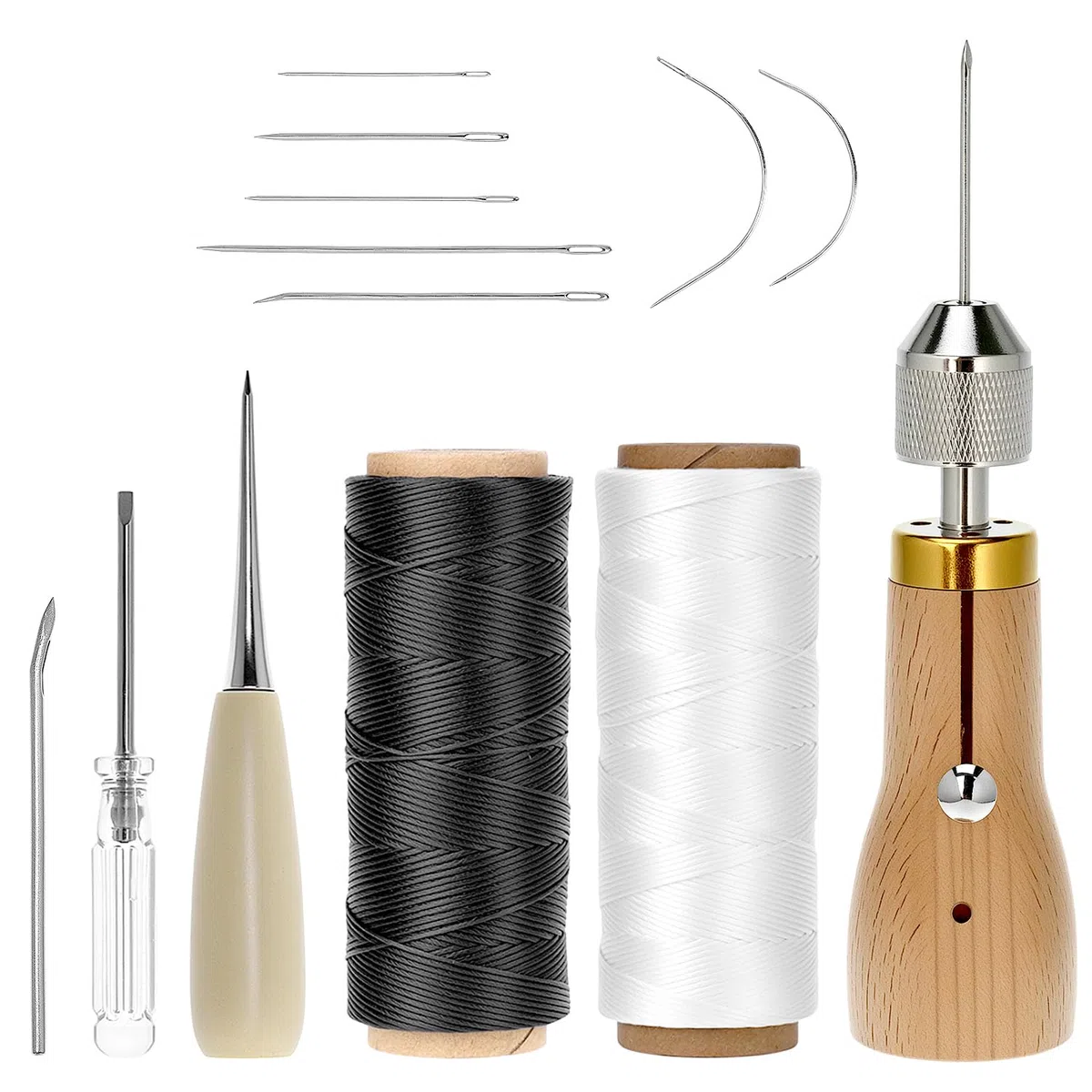 QWORK® Kit da Cucito in Pelle Set 12 pezzi con 200 m Filo Cerato e 7 Aghi- Perfetto per Riparazioni e Progetti Fai da Te