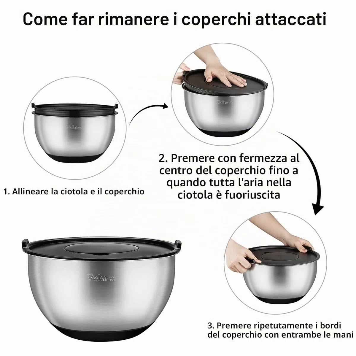 Velaze Set di ciotole in acciaio inox, 5 pezzi, insalatiera con coperchio, 3 inserti per grattugia, fondo in silicone antiscivolo, 5 l, 3 l, 2 l, 1,5 l, 1 l, diverse misure per diverse esigenze