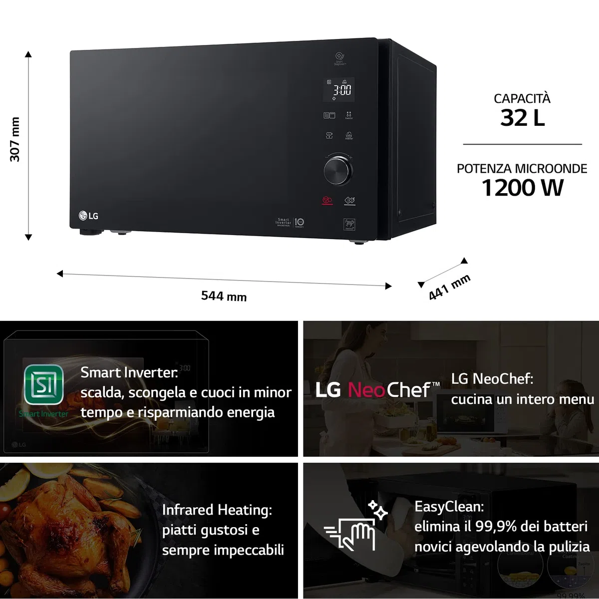 LG MH7265DPS Forno Microonde Smart Inverter con Grill al Quarzo, 32 Litri, 1200 W, Programmi Automatici, Livelli di Potenza Regolabili, Piatto Microonde Crispy Incluso - Nero 30.7 x 54.4 x 44.1cm