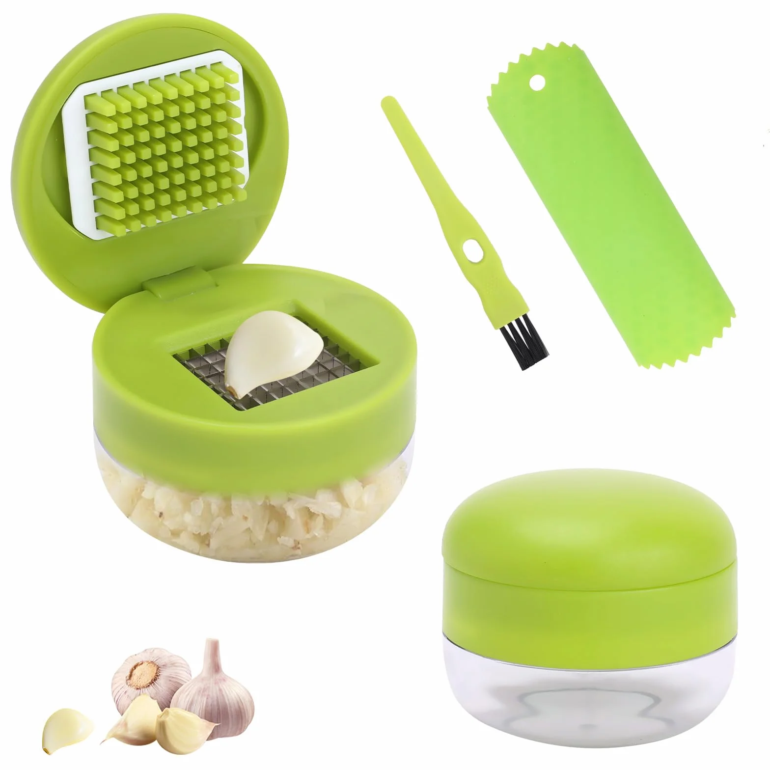 Trita Professsionale Spremiaglio e Sbuccia 2 Pezzi, Schiaccia Aglio in Acciaio Inox con Pelapatate e Pennello di Silicone, per Aglio, Zenzero e Frutta