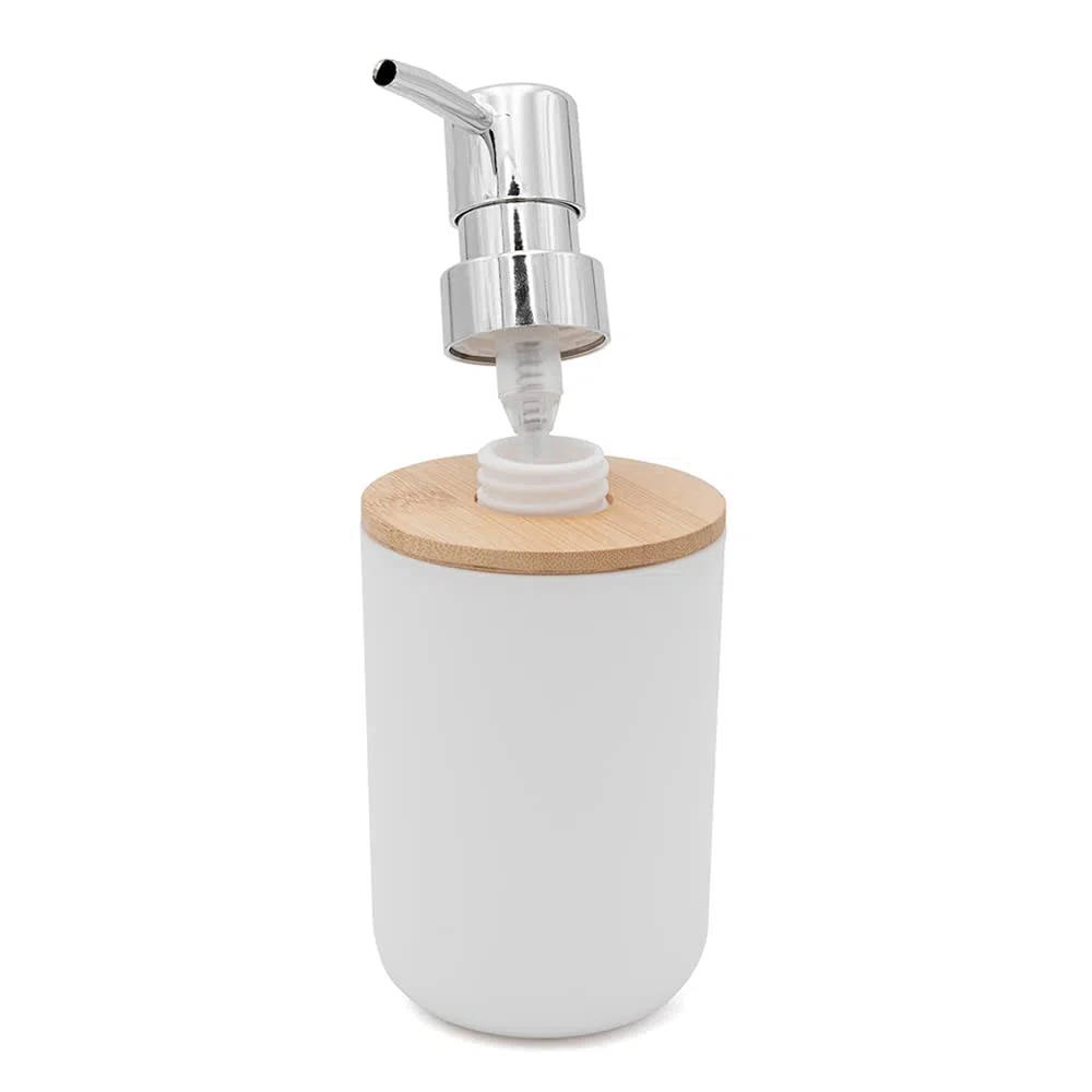 Inbagno Set Accessori Bagno Bianco, 2 Pezzi, Dispenser e portaspazzolini, ABS e Legno bambù, Linea Surf