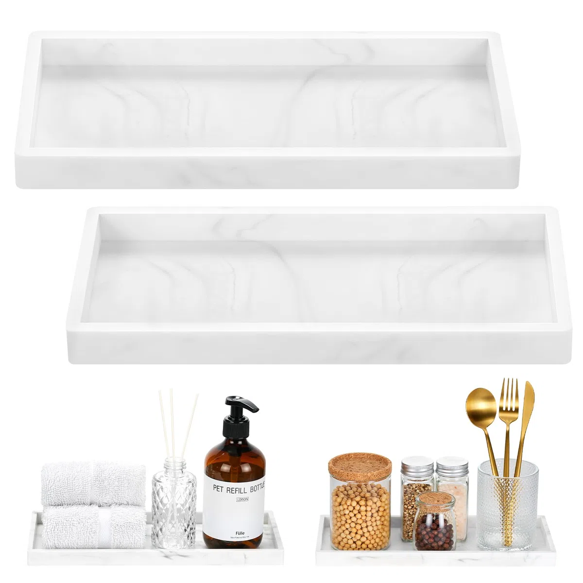 Luxspire Vassoio da Bagno, Portasapone in Silicone per Lavello da Appoggio, Vassoio da Banco per Bagno per Dispenser di Sapone, Accessori per Gioielli e Profumi, 30 x 13 cm, 2 Pezzi, Marmo Bianco