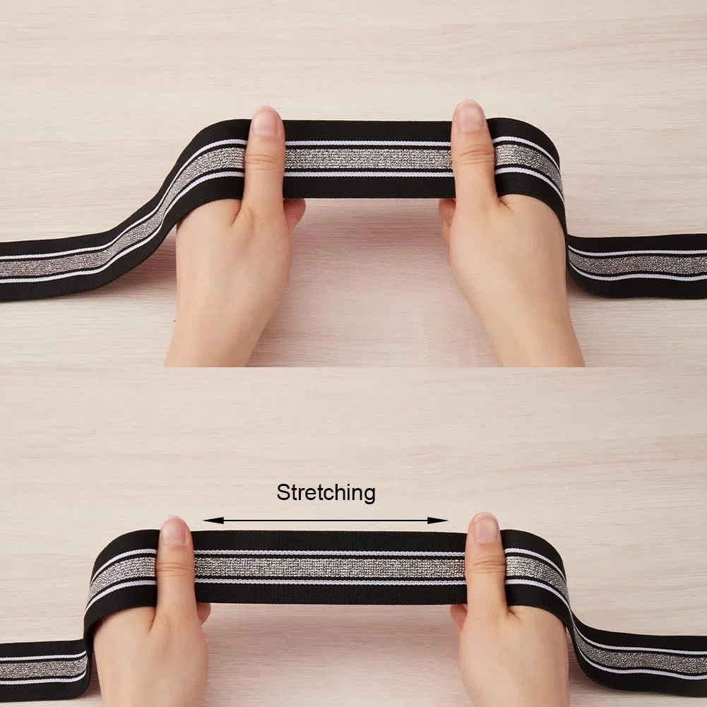 GORGECRAFT 4.3 m 40mm di Larghezza Fascia Elastica A Strisce Bianche e Argento Nera Piatta Elastica per Cucire Lavorare A Maglia Nastro per Fai da Te Fascia per Capelli Borse Indumenti Accessori
