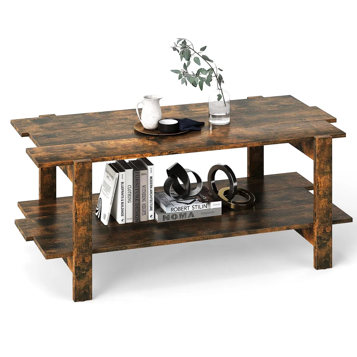 LIFEZEAL Tavolino Salotto a 2 Ripiani, in Legno, Tavolino da Caffè, da Soggiorno, Basso, Stile Industriale, Peso Max 120 kg, 115x59x46 cm, Montaggio Semplice, Marrone