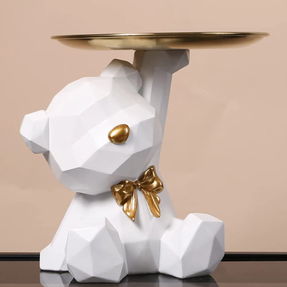 Starnearby Statua Orso Geometrico con Vassoio, Svuotatasche da Ingresso Design, Vassoio Portachiavi Ingresso, Ciotola per Chiavi, Statuetta con Vassoi Figurina Orso, Scultura Portaoggetti