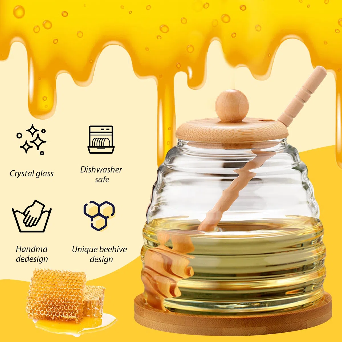 Barattolo per Miele 500ml - Porta Miele Trasparente Vasetto per Miele, Barattoli per Miele in Vetro con Coperchi e Cucchiaio per Conservazione e Distribuzione di Miele e Sciroppo