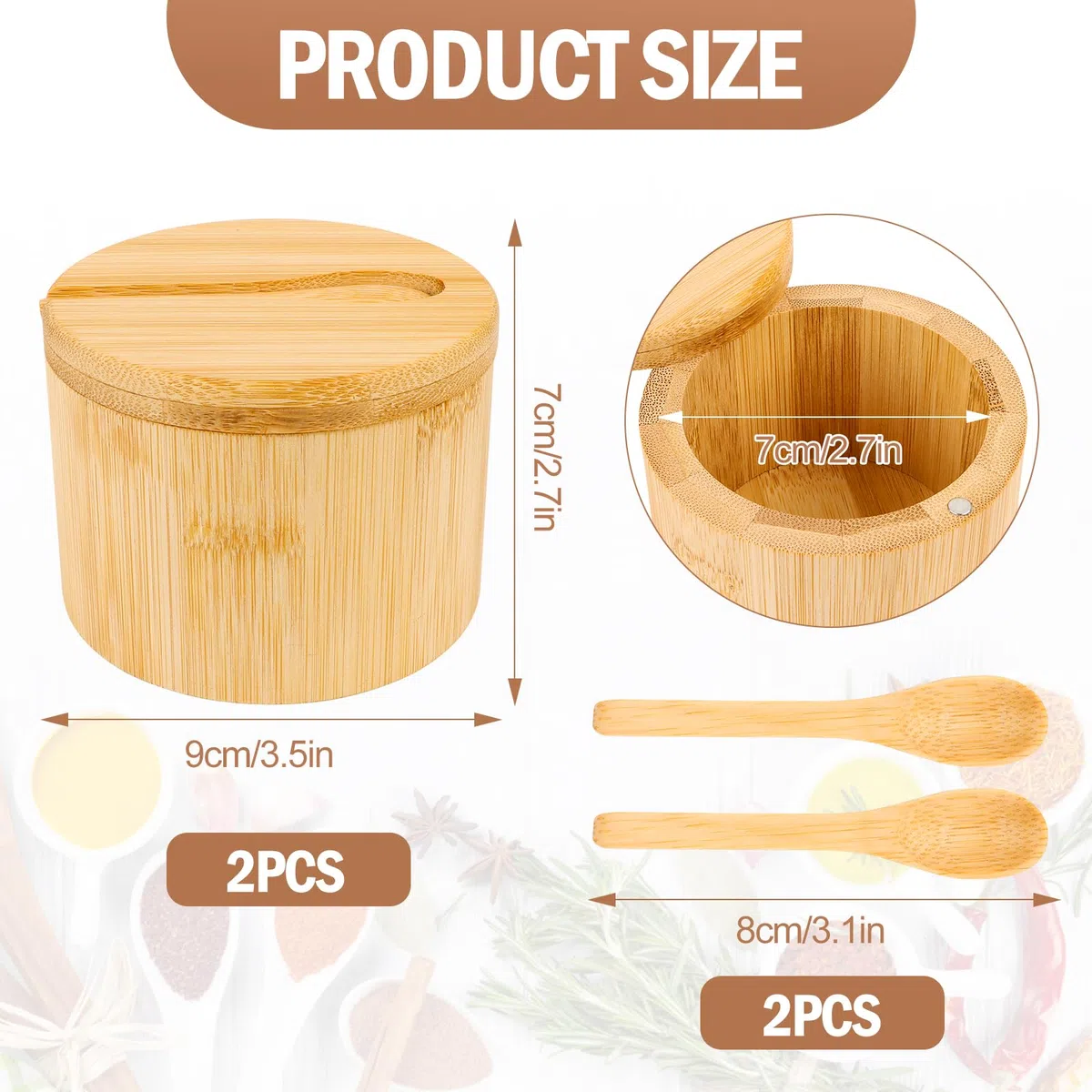 Byffoer 2 contenitori per sale in bambù, 6 oz con coperchio magnetico girevole e cucchiaio, contenitore rotondo per la conservazione di sale, spezie, pepe, erbe