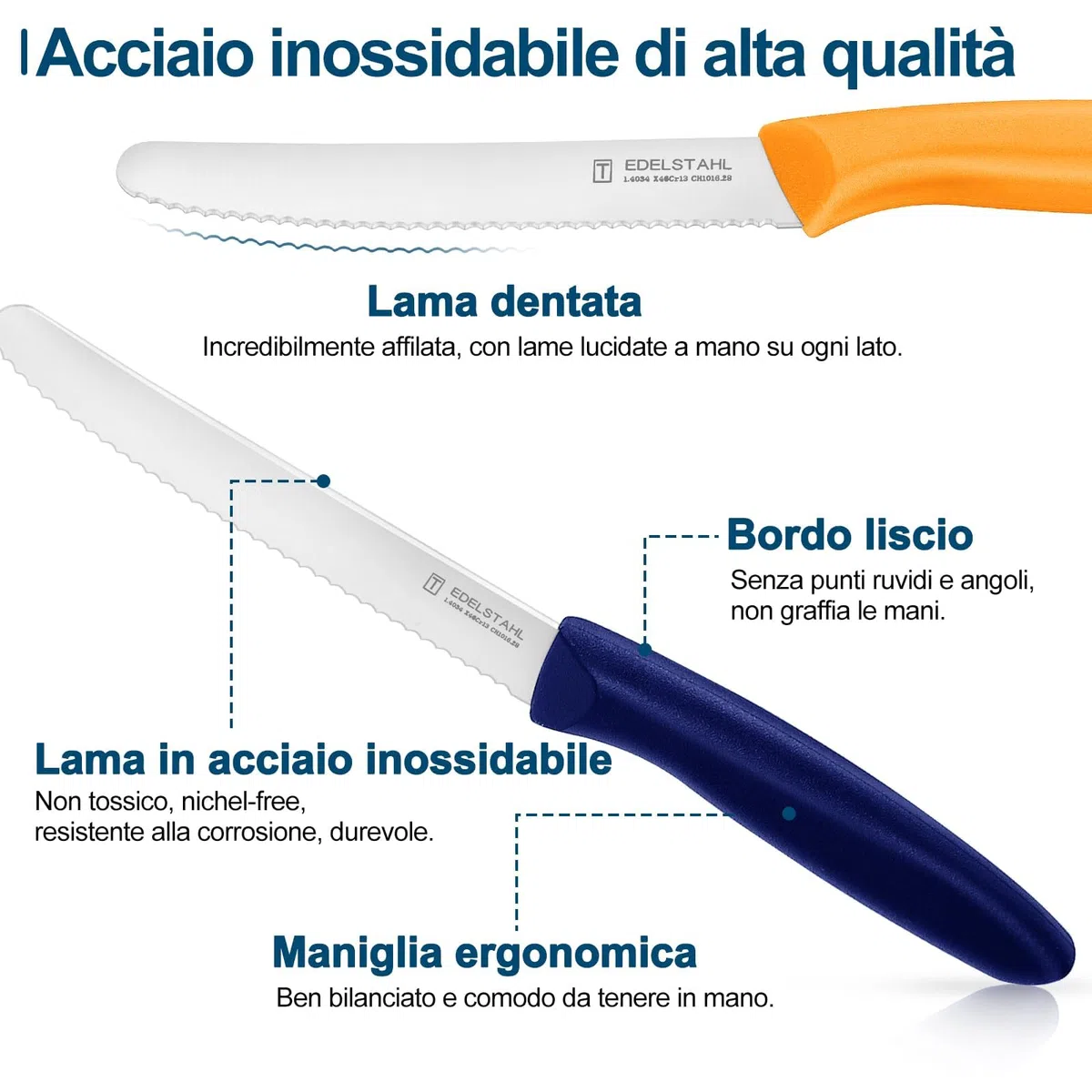 Coltelli Da Tavola, Set Di 6 Pezzi, 21.7CM, Coltelli Tascabili In Acciaio Inossidabile, Coltello Pane, Coltelli Da Tavola Con Bordo Seghettato, Coltelli Affilati, Colorati