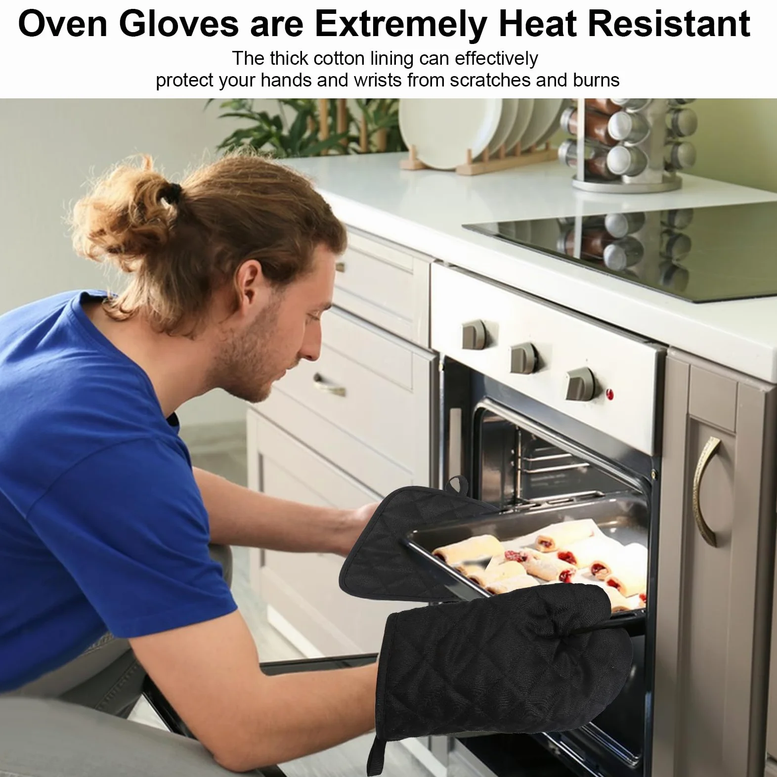 DELAESI Guanti da Forno Professionale Set di 4 Guanti da Forno e Presine in Cotone Nero Resistenti al Calore e Antiscivolo