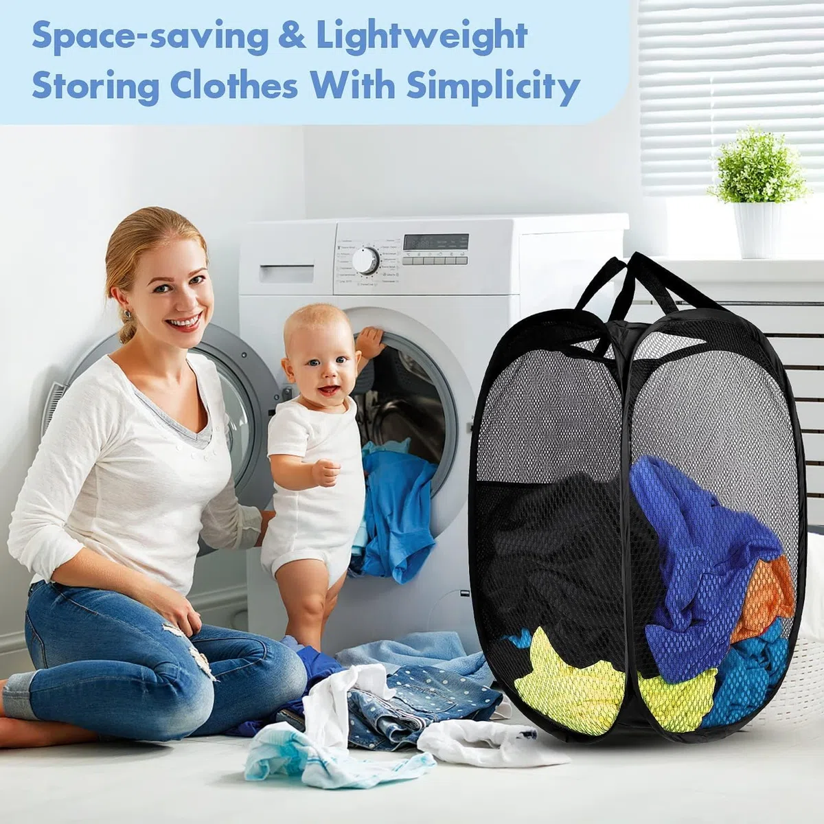 Cesto portabiancheria portatile in rete popup con manici durevoli, pieghevole, pieghevole, per riporre i vestiti, cesto da viaggio, ideale per la casa, la camera dei bambini, può essere piegato(nero)