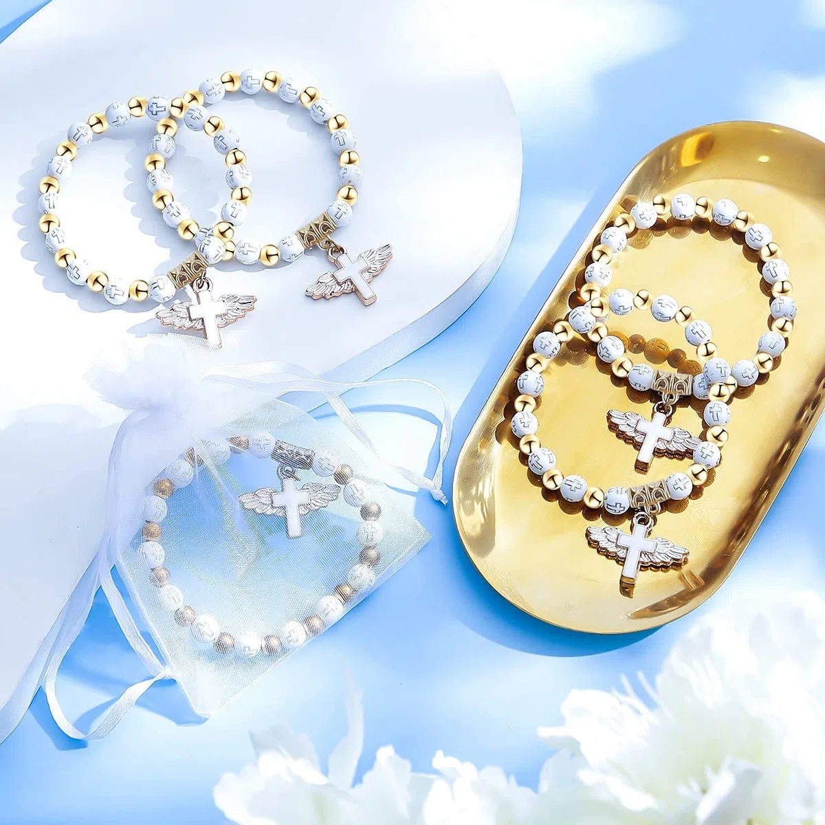 Bracciale con a forma di croce, con sacchetto in organza, acrilico, battesimo, favore per e ragazze, comunione, compleanno, matrimonio, Acrilico