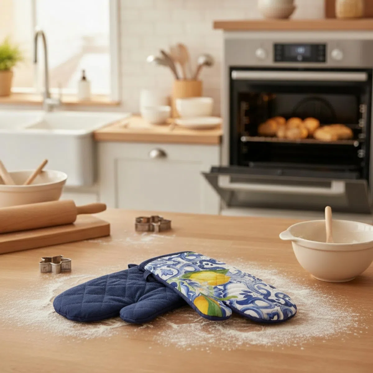 Set Presine da Cucina e Guanto da Forno in Cotone, Guanti da Cucina più 2 Presine con Fantasia Decorativa, Guanto forno 32x18 cm, Presina 20x20 cm