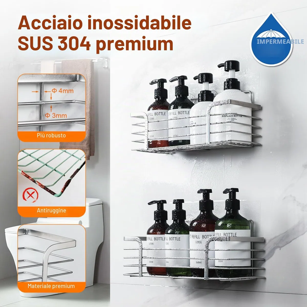 Ibergrif M34036A, Portasapone da doccia, Portasapone da doccia senza foratura, Cestino da doccia sospeso in acciaio inox, Grigio