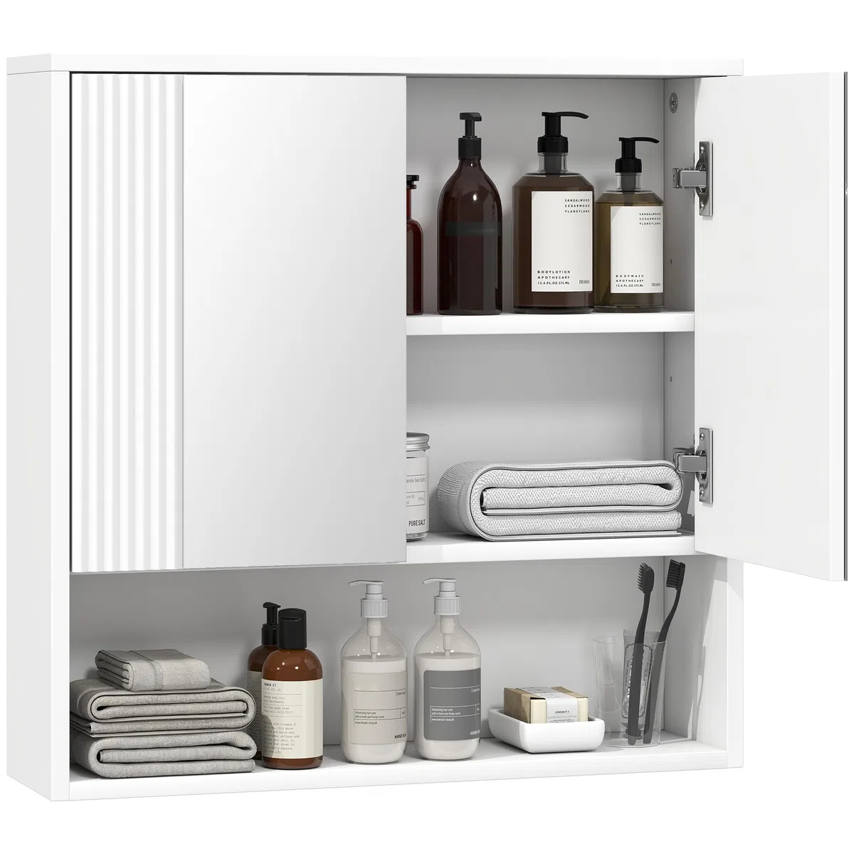 HOMCOM Mobile Bagno da Parete, Mobiletto Bagno Pensile Sospeso Moderno con Anta Soft Close, 2 Ante Specchiate, Scomparto Aperto, Ripiano Regolabile, per Soggiorno e Ingresso, Salvaspazio, Bianco