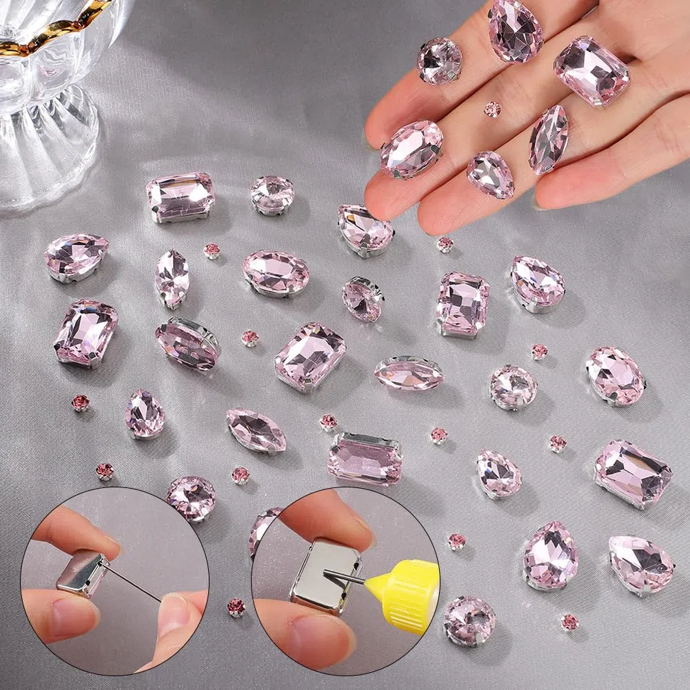 1 scatola Da 156 pezzi Rosa Da Cucire su Strass Forme Miste Abbellimenti di Strass di Vetro Da Cucire su Gemme di Cristlega Flatback con Impostazioni A Griffe per Scarpe Fai Da Te Abiti Gioie