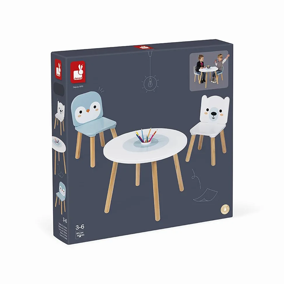 Janod - Tavolo e 2 Sedie Banchisa in Legno - Tavolino Rotondo per Bambini con Portapenne Rimuovibile - 1 Sedia Orso Bianco e 1 Sedia Pinguino - Ideale per Bambini da 3 a 6 Anni, J09650