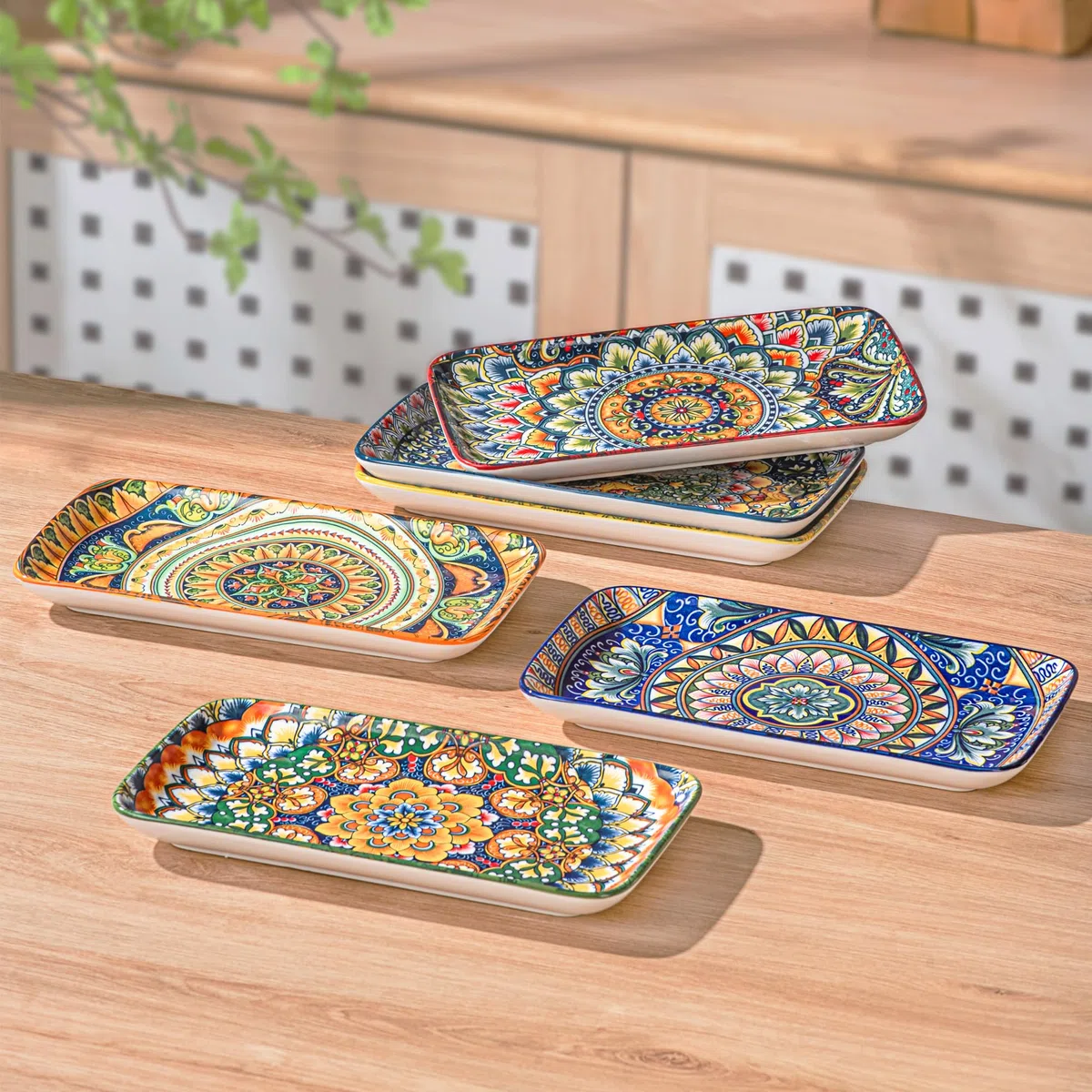 Henten Home Set di Piatti da Portata in Porcellana, Piatti Rettangolari 6 Pezzi, Piatti Piani Boemia per Sushi, Dessert, Spuntino, Antipasto - 20.5 x 11 cm