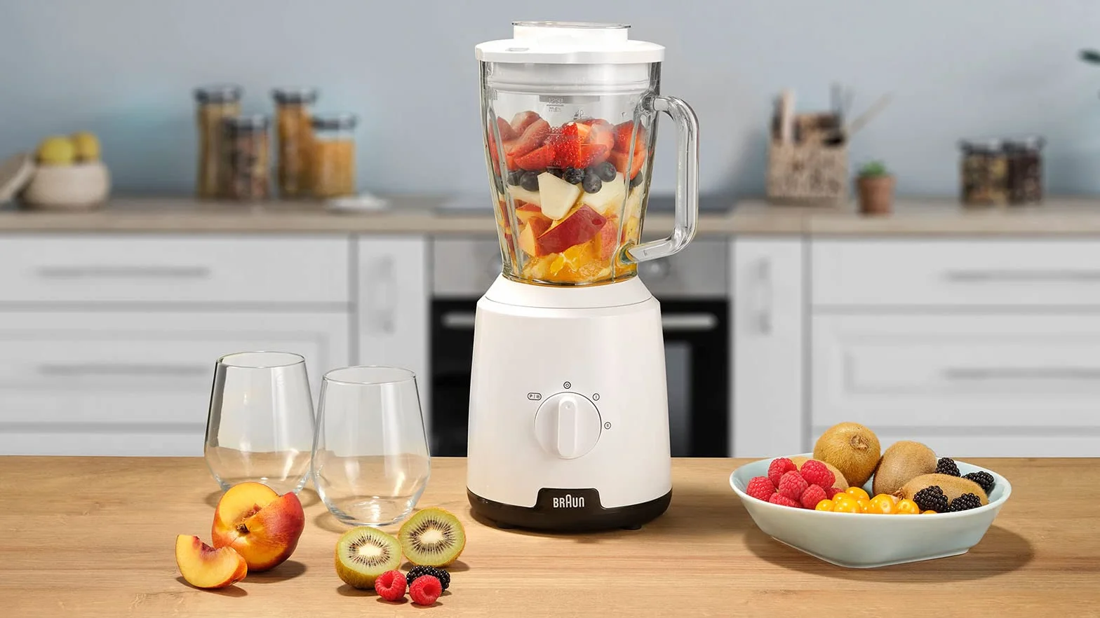Braun PowerBlender 1 - Frullatore con caraffa triangolare singola in vetro, 2 velocità, funzione di frantumazione del ghiaccio, JB1050WH, 600 W, bianco