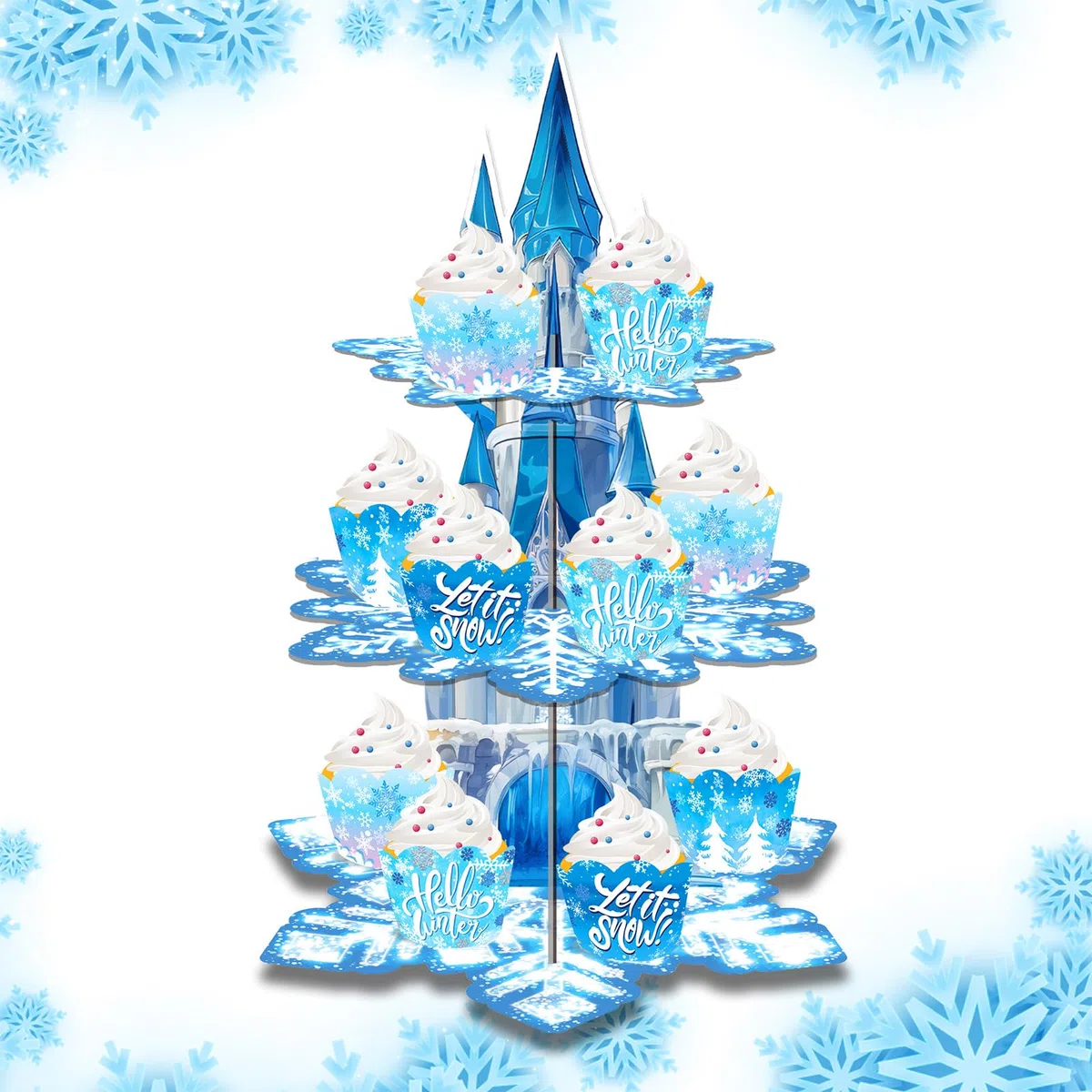 Stand per Cupcake a 3 Livelli, Porta Dolci in Cartone Tema Natale Inverno, Espositore Fiocco di Neve per Festa di Compleanno Bambini, Decorazione Tavolo Festa