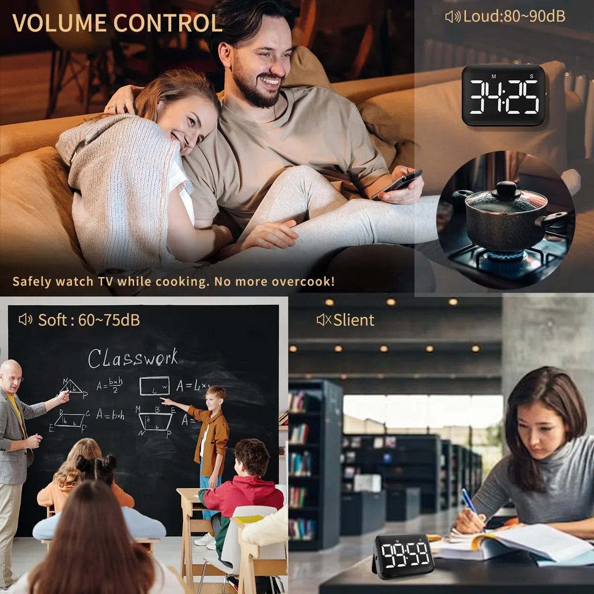 NOKLEAD Digitale Timer da Cucina: cronometro con conto alla rovescia magnetico con ampio display a LED, volume e luminosità regolabili, facile da usare per bambini anziani (batterie incluse) (nero)