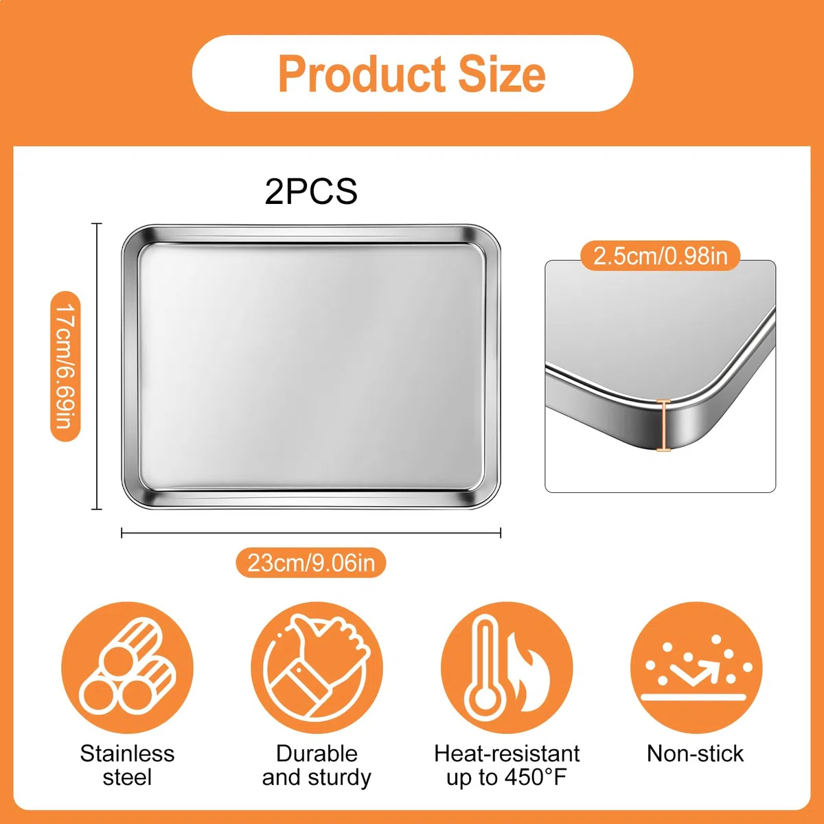 2 Pezzi Teglia Forno Acciaio Inox 23 X 17 X 2,5 cm, Teglie Da Forno In Acciaio Inox Rettangolari, Lucidate a Specchio e con Rivestimento Antiaderente, Facili da Pulire e Lavabili In Lavastoviglie