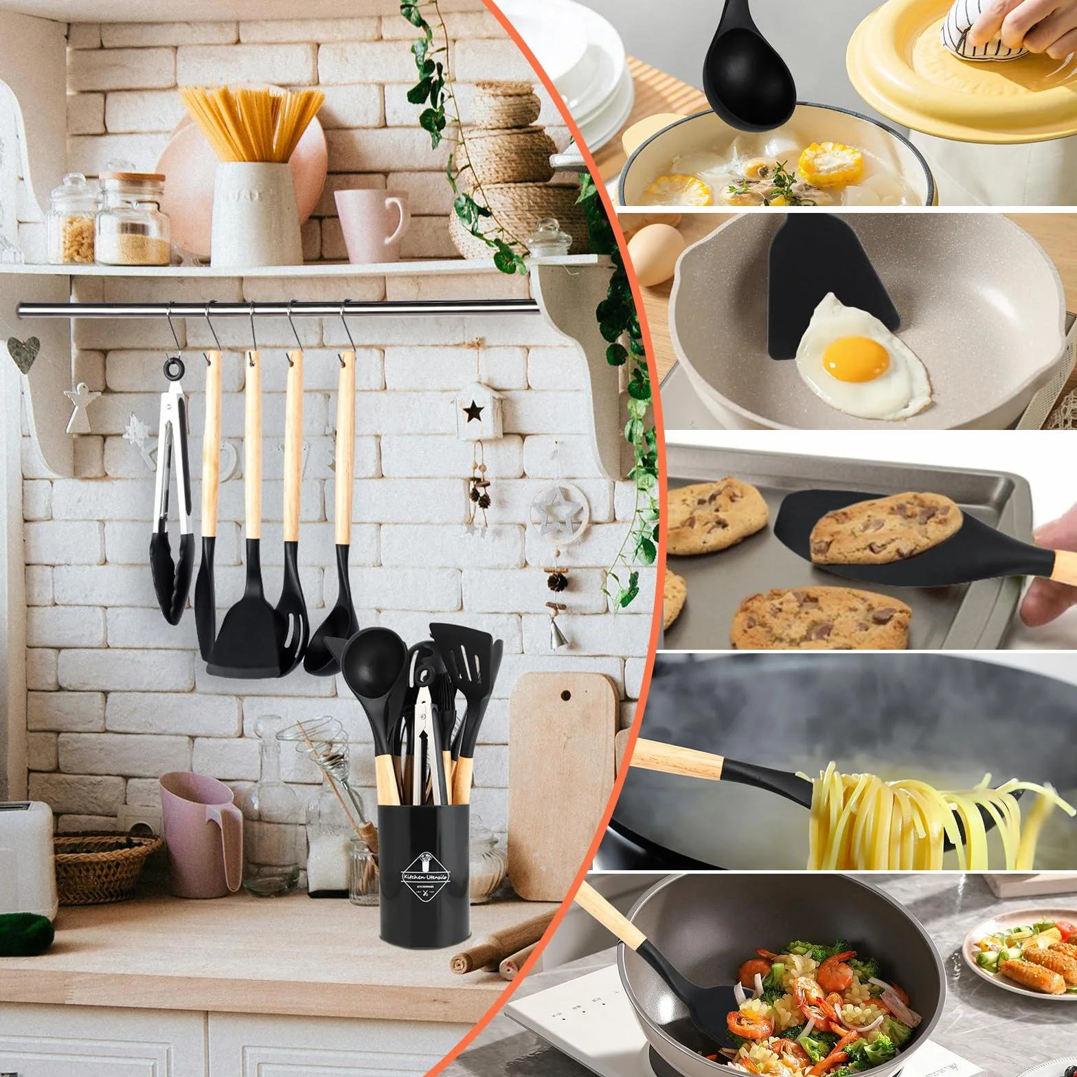 Utensili Cucina Silicone, set di 22 utensili cucina senza BPA, manico in legno, antiaderenti, resistenti al calore, con 10 ganci, nero