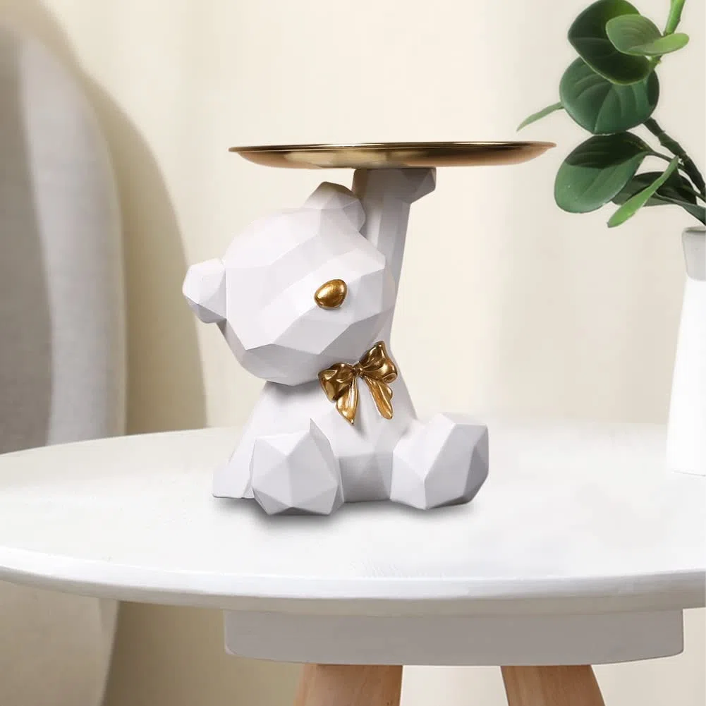 Starnearby Statua Orso Geometrico con Vassoio, Svuotatasche da Ingresso Design, Vassoio Portachiavi Ingresso, Ciotola per Chiavi, Statuetta con Vassoi Figurina Orso, Scultura Portaoggetti