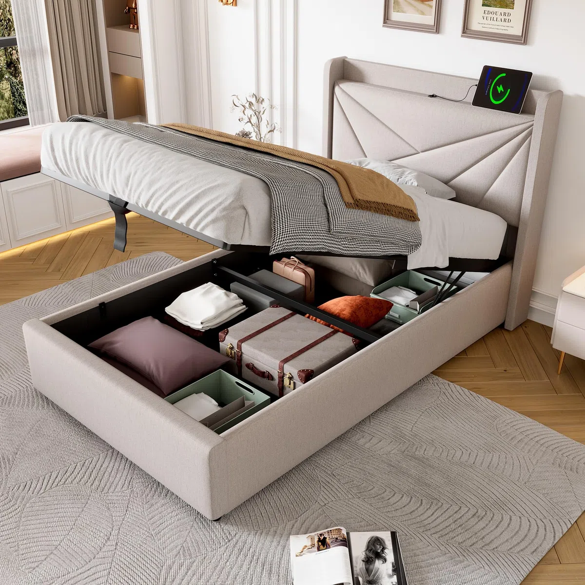 Letto singolo imbottito con contenitore 90 x 200, contenitore del letto con funzione di ricarica USB tipo C, testiera, letti con contenitore, struttura del letto in materiale di lino, letto per