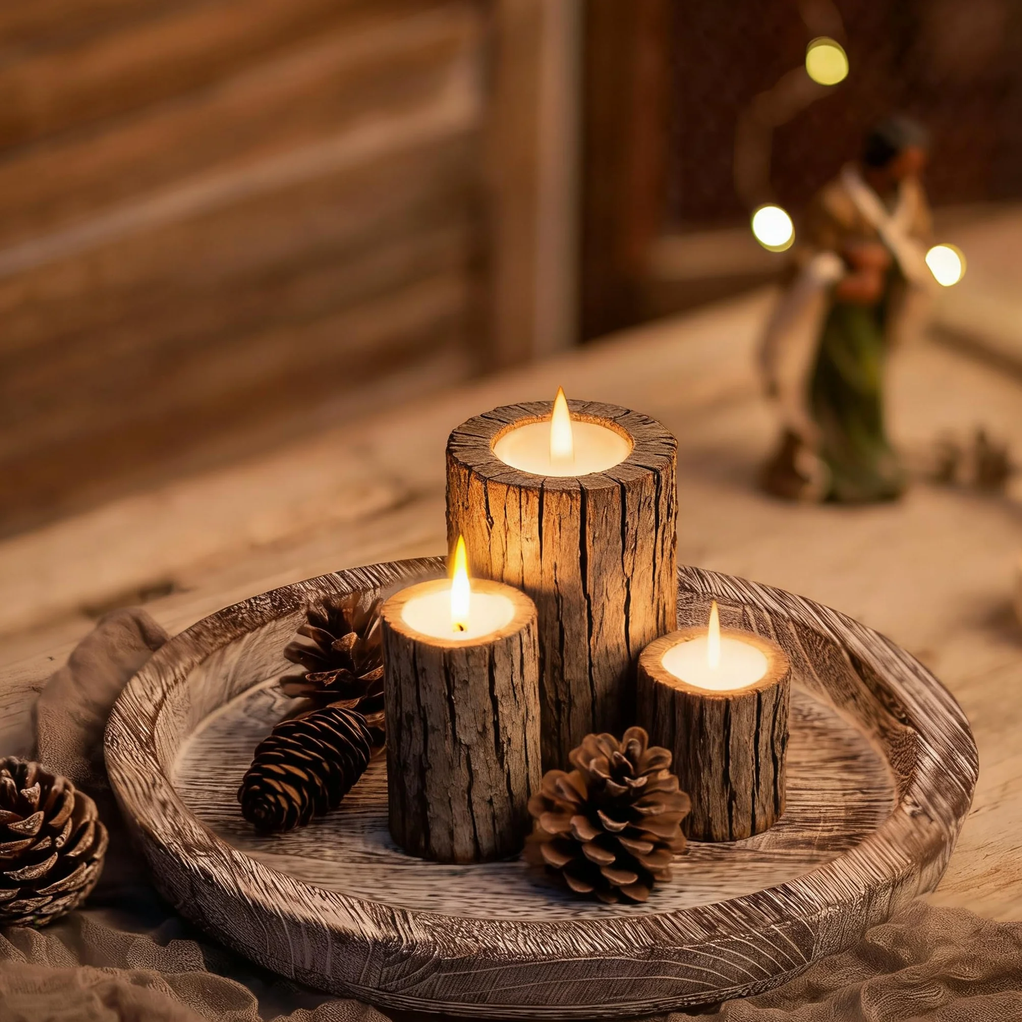 Hanobe Portacandele in legno: piatto decorativo rotondo per candele da fattoria, centrotavola in legno rustico, per Natale, matrimonio, Halloween, decorazione per la casa