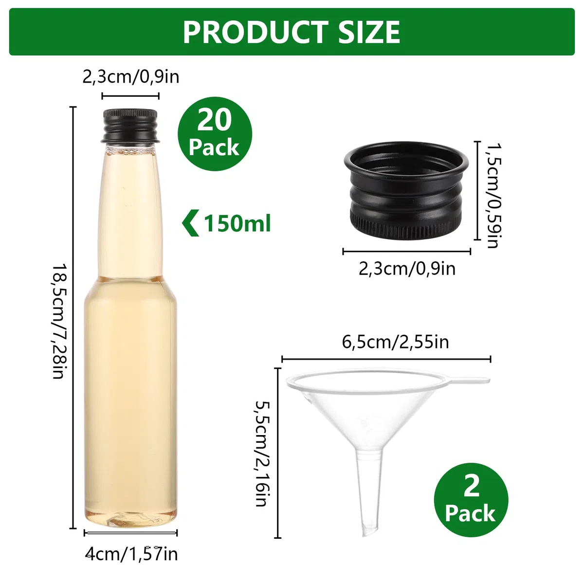 APACALI 20 mini bottiglie di liquore da 150 ml con tappi a vite e 2 imbuti, bottiglie per liquore per riempire liquidi per matrimoni, feste