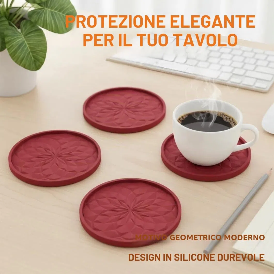 Sottobicchieri in Silicone con Supporto, Set da 6 Pezzi in Rosso, Antiscivolo e Resistenti al Calore, Lavabili in Lavastoviglie – Per Bevande, Caffè, Tazze, Cucina, Bar e Soggiorno, Protezione Tavolo