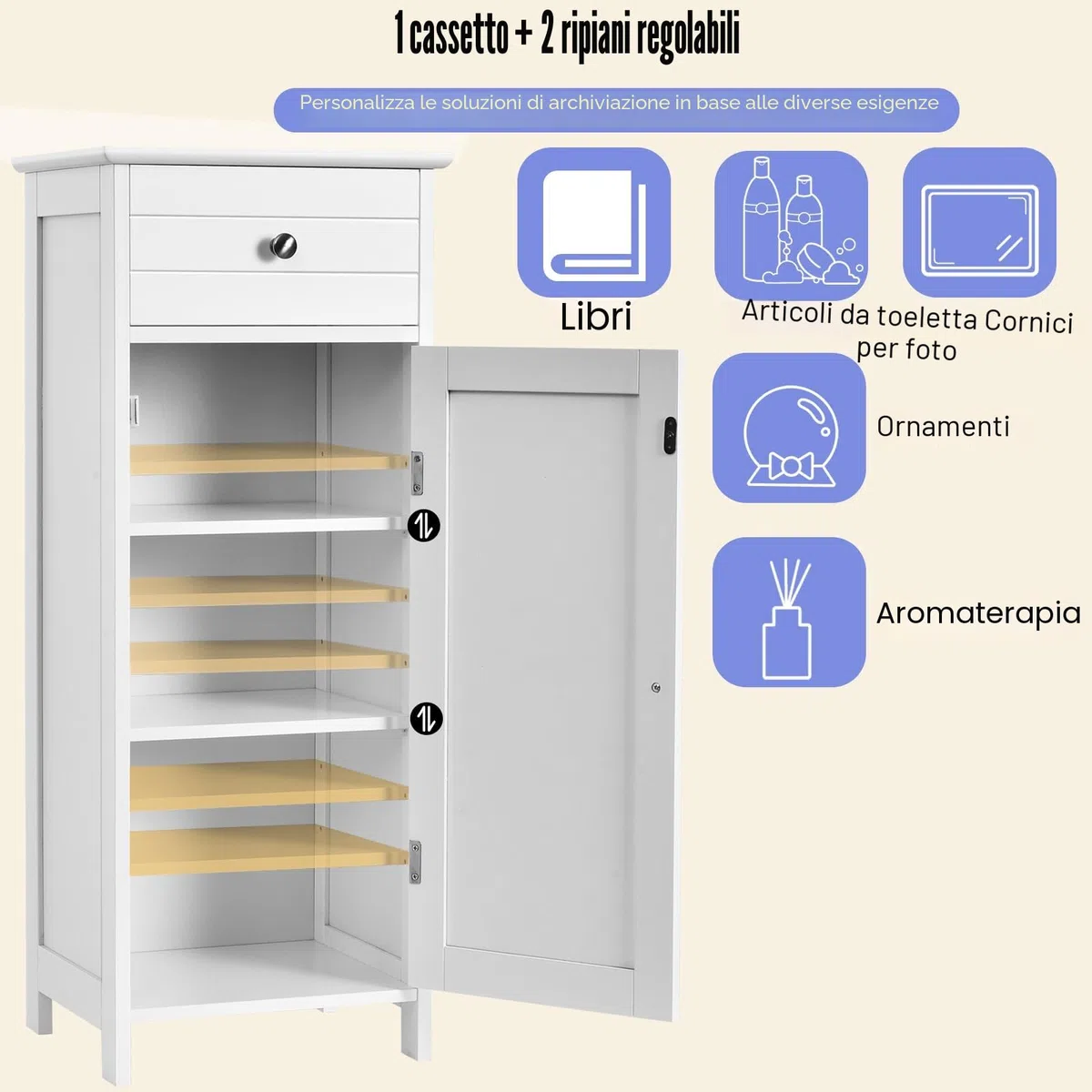 LIFEZEAL Mobiletto Bagno Salvaspazio, Mobiletto Multiuso in Legno 35,5 x 30,5 x 88cm, Mobile Bagno con Cassetto e 1 Porta, Armadietto da Terra con Ripiani Regolabile per Cucina e Soggiorno, Bianco