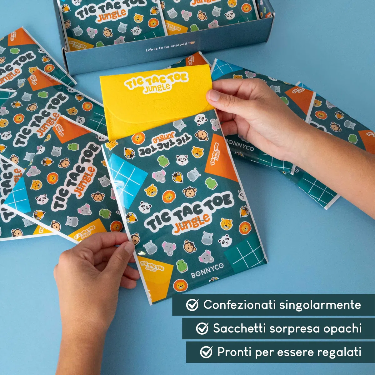 BONNYCO Tic Tac Toe Animali della Giungla, Pack 16 Gadget Compleanno Bambini. Mini Giochi, Regalini Fine Festa Compleanno Bambini. Regalino Fine Festa Invitati Persierini, Gioco Tris Giochini Scuola