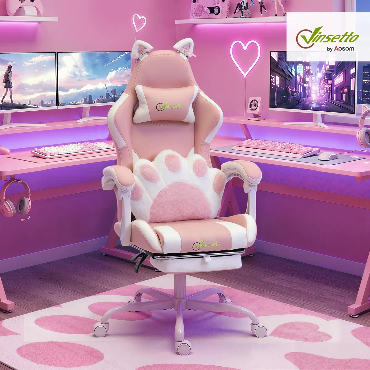 Vinsetto Sedia Gaming Ergonomica con Orecchie da Gatto, Poltrona Gaming Ufficio Reclinabile in Finta Pelle con Poggiapiedi, Poggiatesta e Altezza Regolabile, Supporto Lombare e Cervicale, Rosa