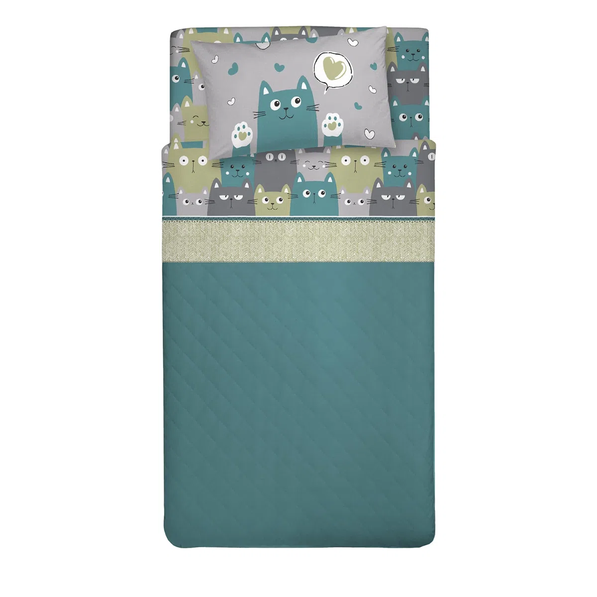 PENSIERI DELICATI Completo Letto 1 Piazza e Mezza 100% Cotone, Completo Lenzuola 1 Piazza e Mezza 120x200 Comprensivo di Lenzuolo sotto, sopra e 1 Federa, Made in Italy, Fantasia Happycat Verde