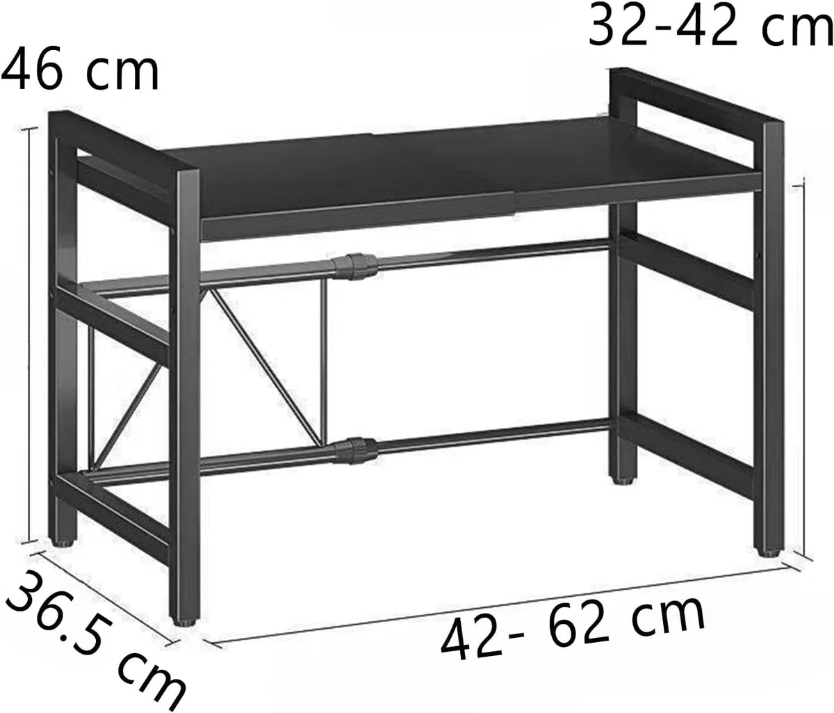Mensola Microonde Estensibile 40-65 cm, Regolabile Due Livelli Microonde Scaffale, Acciaio Carbonio Ripiano Contatore Cucina Organizzatore Ripiani, 6 Ganci, Carico Pesante 60lbs (Nero)