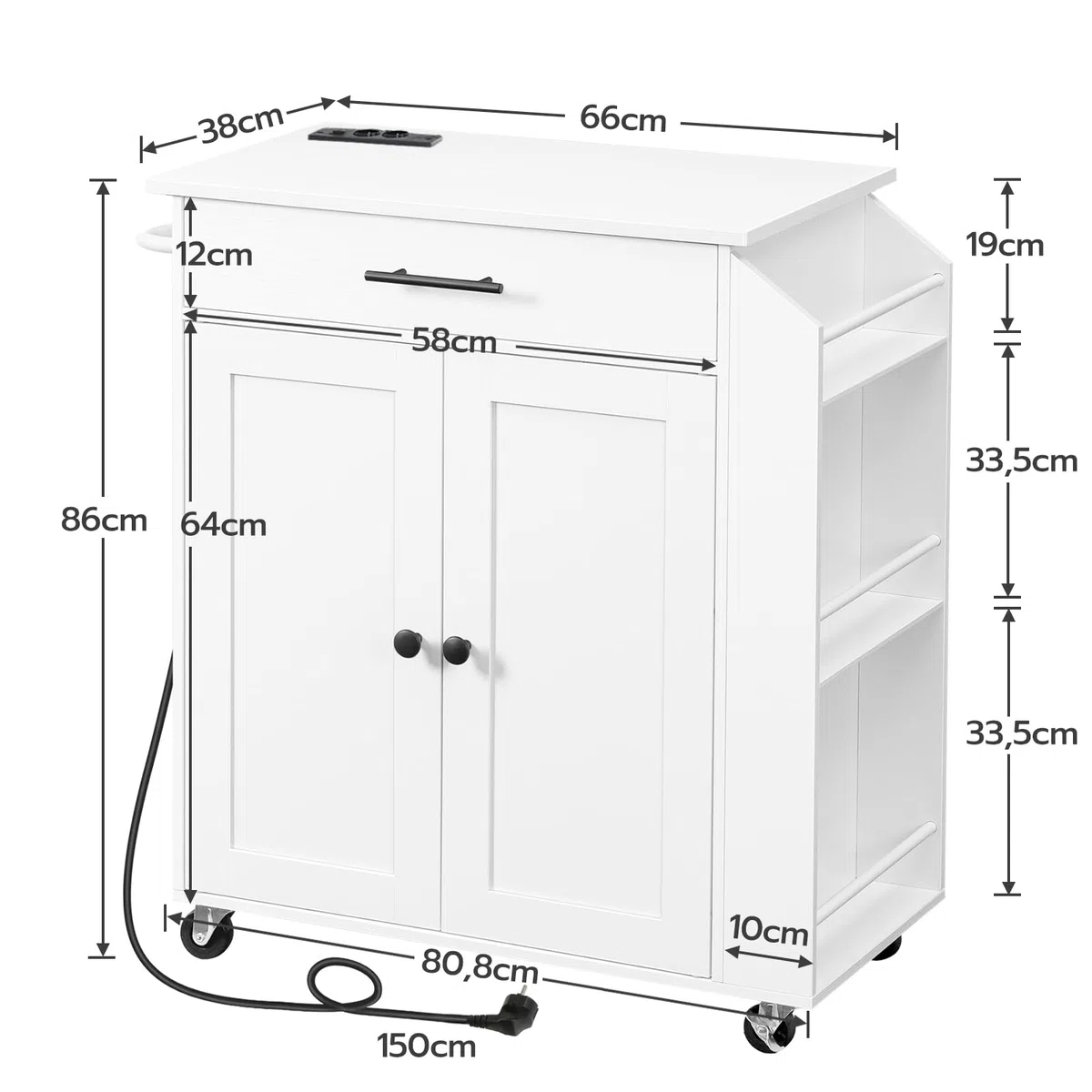 HOOBRO Isola Cucina con Prese Elettriche, Carrello da Cucina con Cassetti e Porta Spezie, 80,8 x 38 x 86 cm, Bianco EWT82CZD01