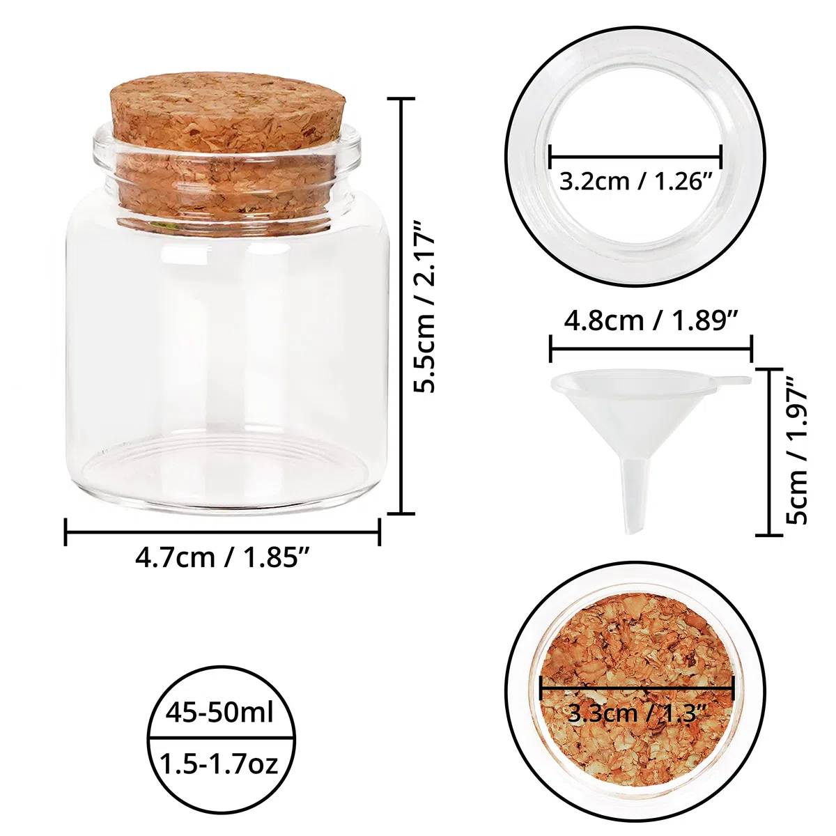 BELLE VOUS 12 Mini Bottiglie Vetro con Tappo in Sughero - 45-50ml - Fialette in Vetro Mini Bottiglie e Imbuto per Bomboniere, Feste, Spezie in Cucina e Marmellate