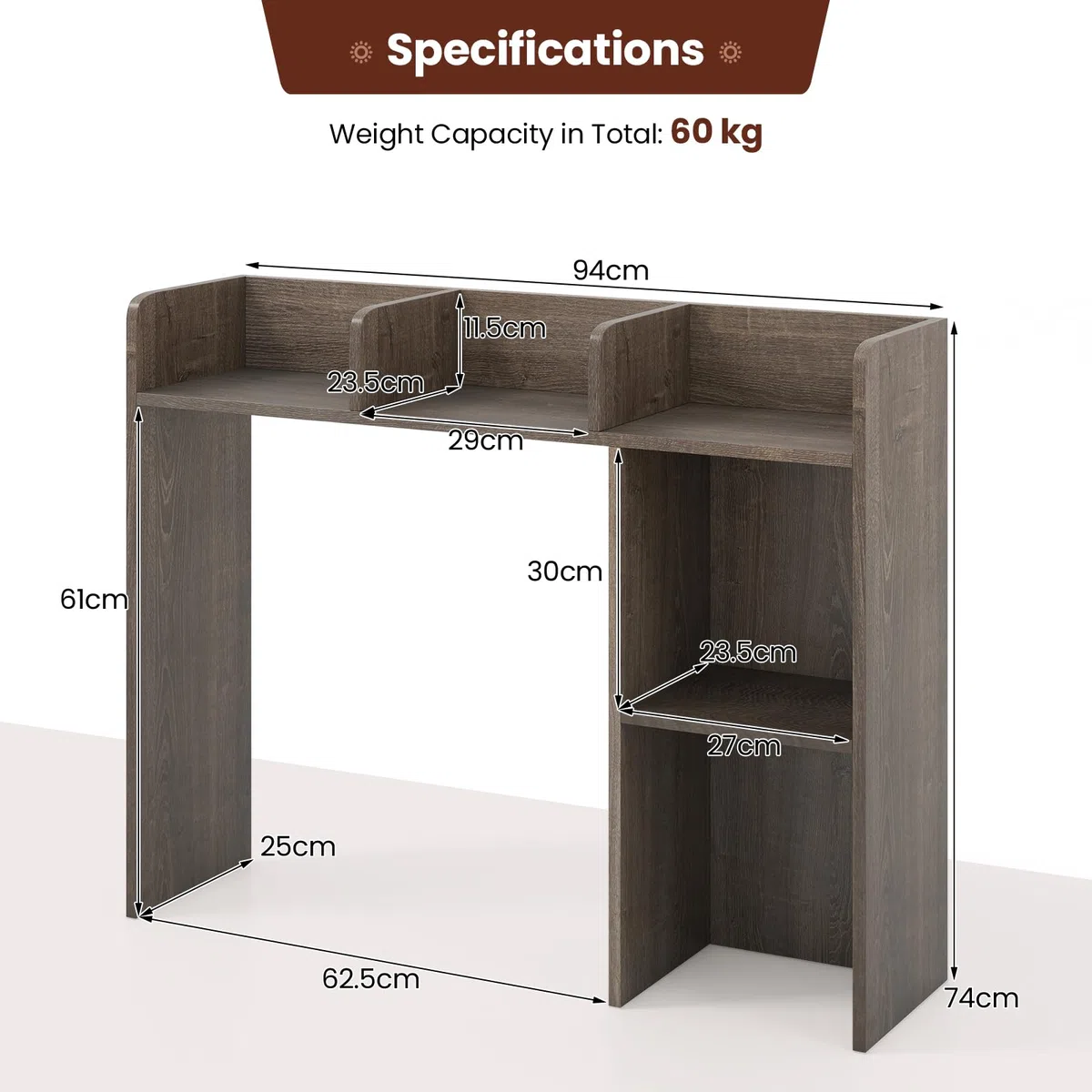 HOMASIS Scaffale da Scrivania in Legno, Libreria da Scrivania con 5 Scomparti, Organizzatore Aperto da Scrivania con Dispositivo Anti-Ribaltamento per Soggiorno, Studio, 94 x 25 x 74 cm (Grigio)