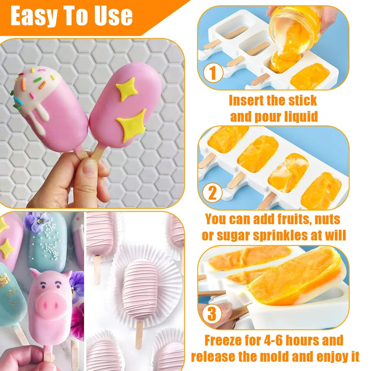 2 Pezzi Stampi Gelato con 100 Bastoncini Legno e Coperchio, 4 Cavità Stampo Ghiaccioli Silicone, Formine per Cioccolato Congelato Fai Te, Stampini Gelati Riutilizzabile per Bambini Adulti