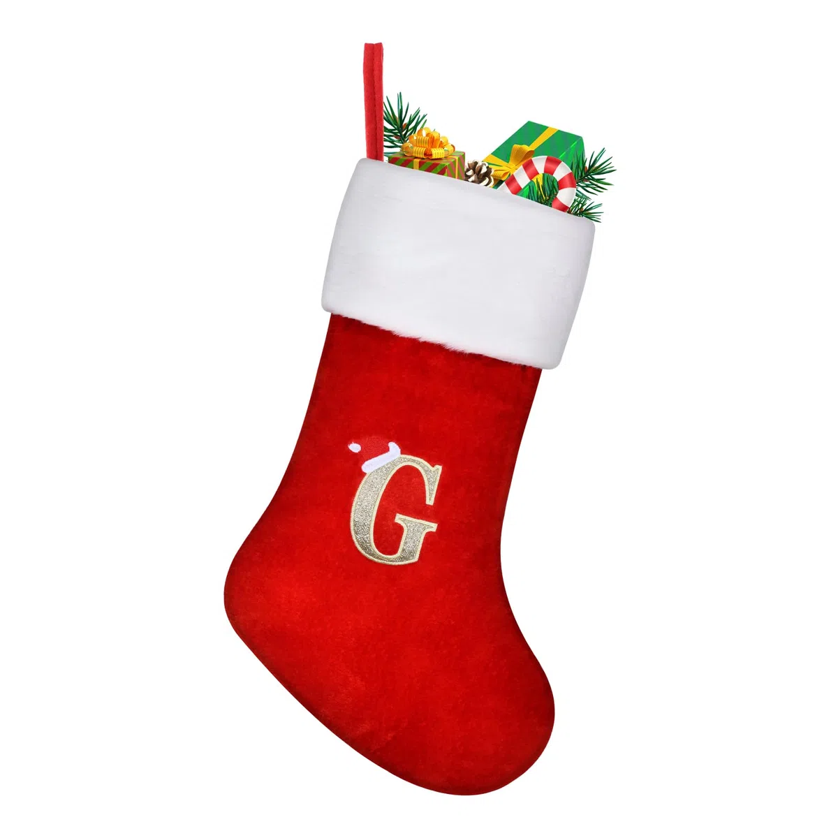 TOPWAYS Calze di Natale, Grandi Calze Ricamate con Monogramma Natalizio Personalizzate con Lettere, Calze Rosse di Babbo Natale da Appendere al Camino per Decorazioni Natalizie Regalo di Natale (G)